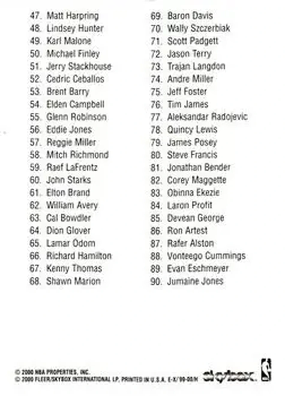 1999-00 E-X - Single Inserts #NNO - Checklist - Back