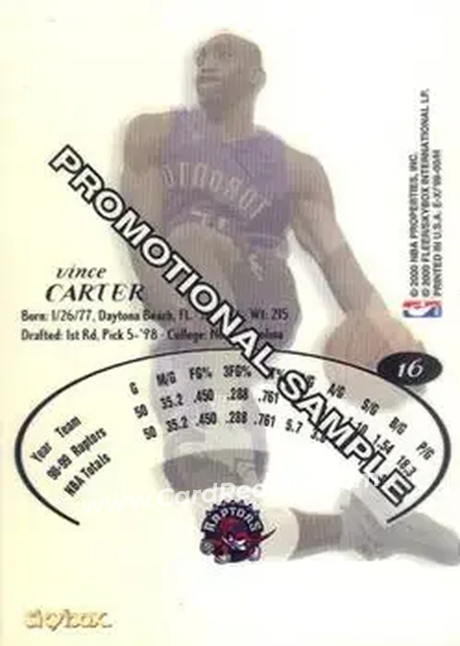 1999-00 E-X - Single Promos #16 - Vince Carter Promo Toronto Raptors - Back 1999-00 E-X - Single Promos #16 - Vince Carter Promo Toronto Raptors - Back