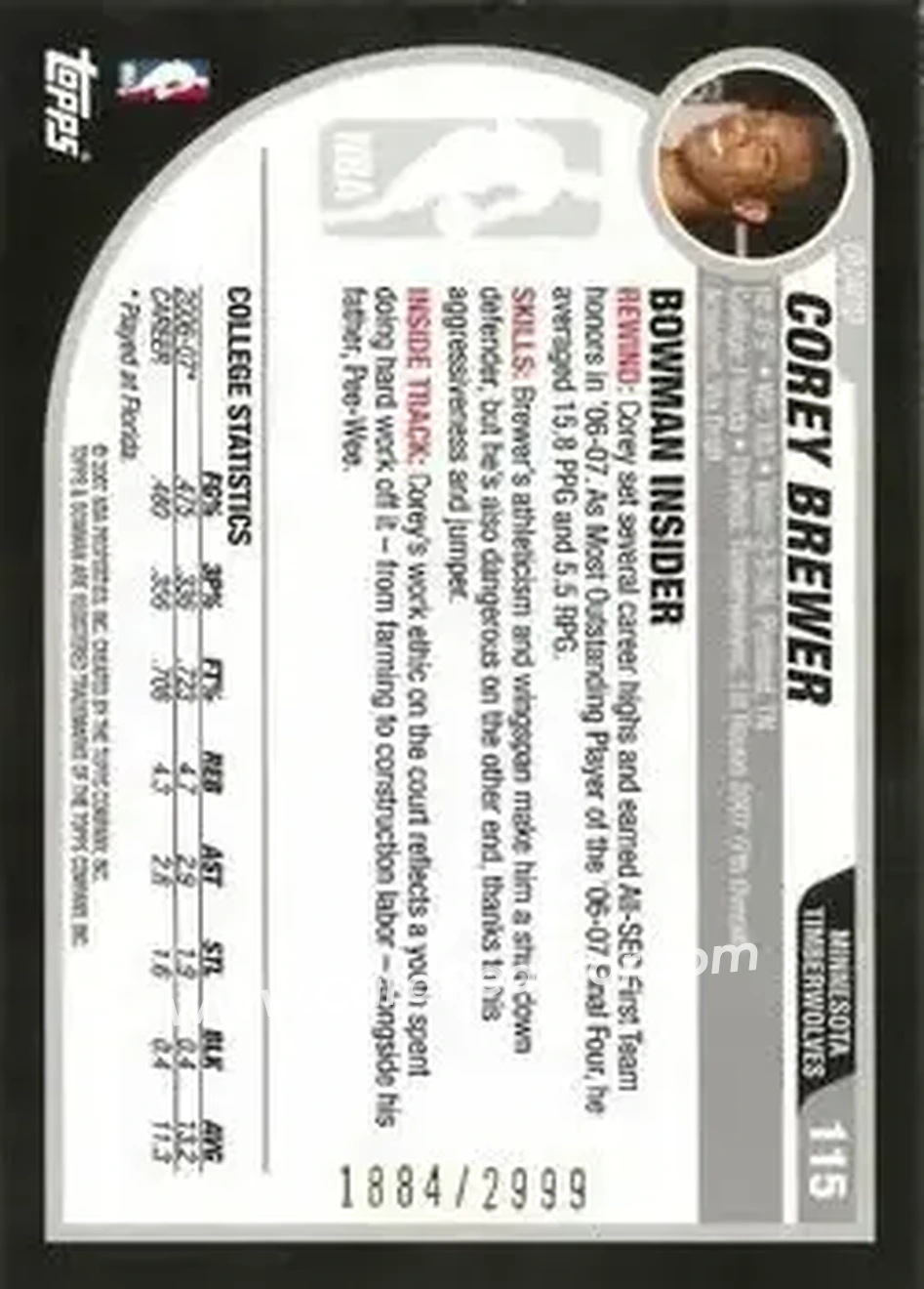 2007-08 Bowman #115 - Corey Brewer - Minnesota Timberwolves - Back