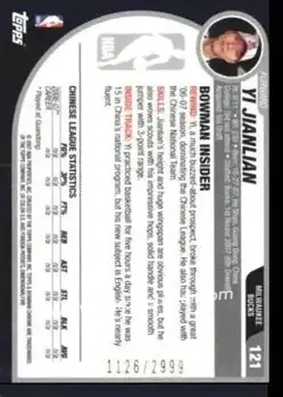 2007-08 Bowman #121 - Yi Jianlian - Milwaukee Bucks - Back