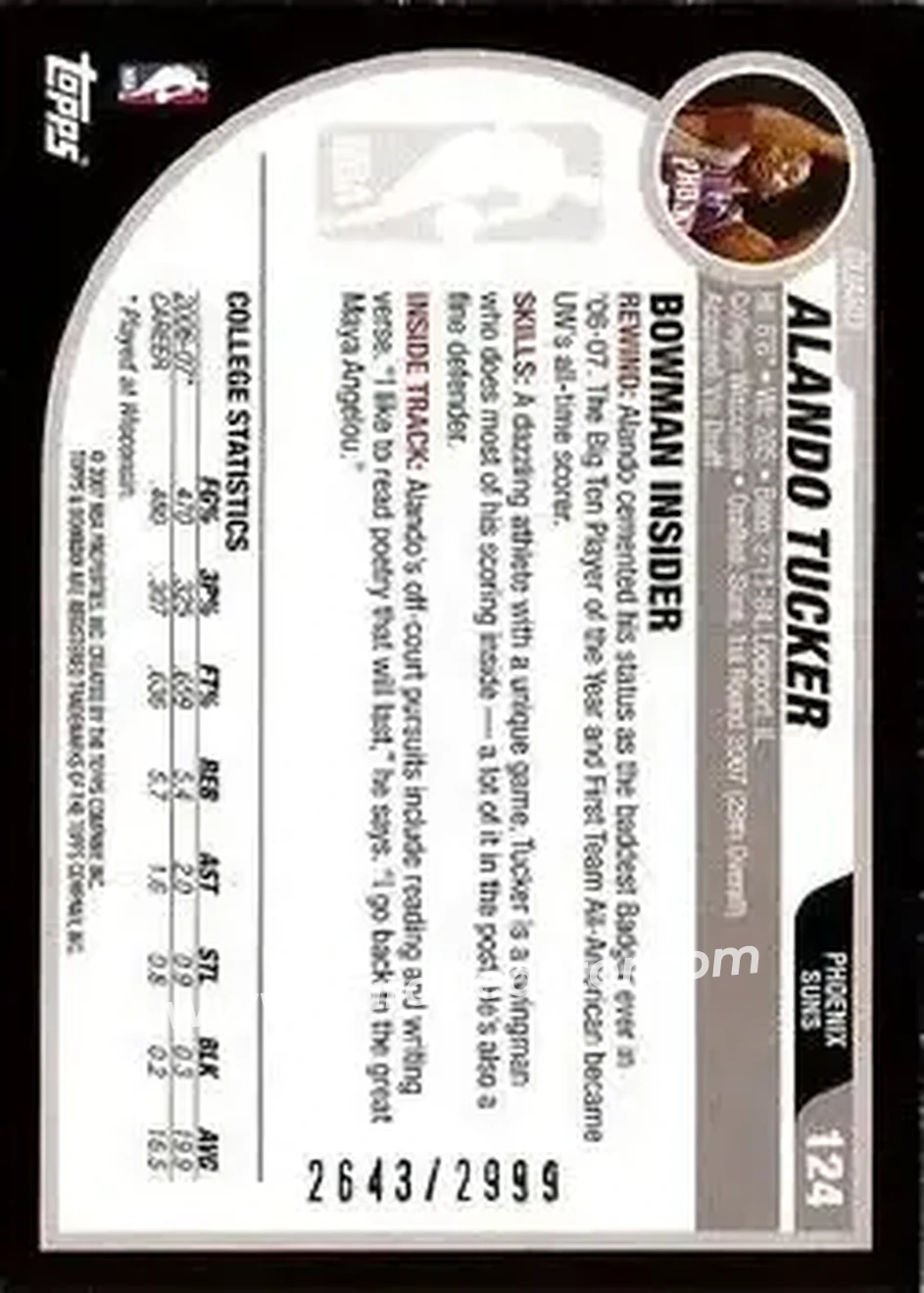 2007-08 Bowman #124 - Alando Tucker - Phoenix Suns - Back 2007-08 Bowman #124 - Alando Tucker - Phoenix Suns - Back