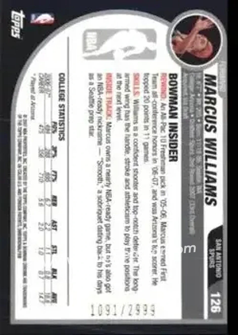 2007-08 Bowman #126 - Marcus Williams - San Antonio Spurs - Back 2007-08 Bowman #126 - Marcus Williams - San Antonio Spurs - Back