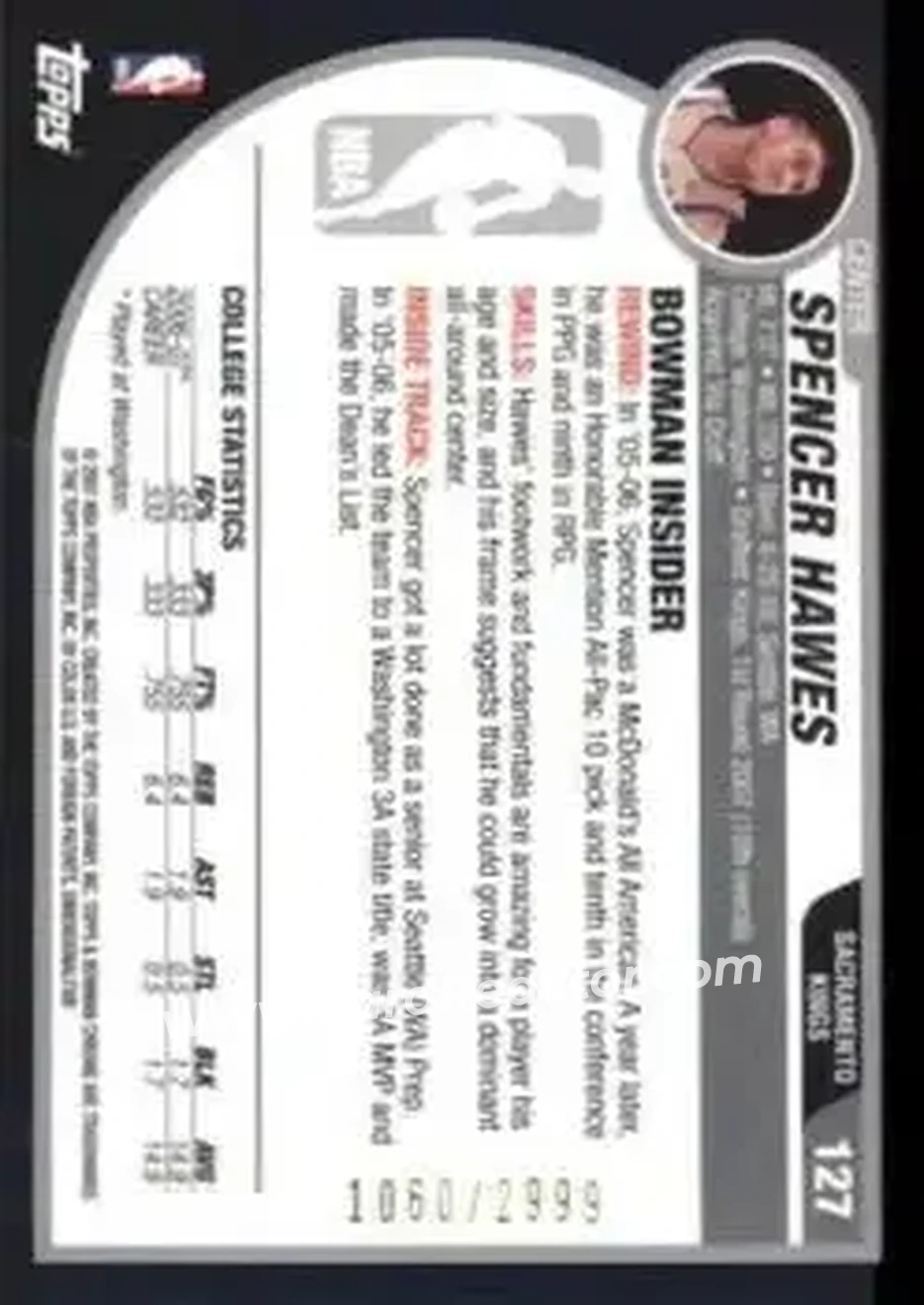 2007-08 Bowman #127 - Spencer Hawes - Sacramento Kings - Back