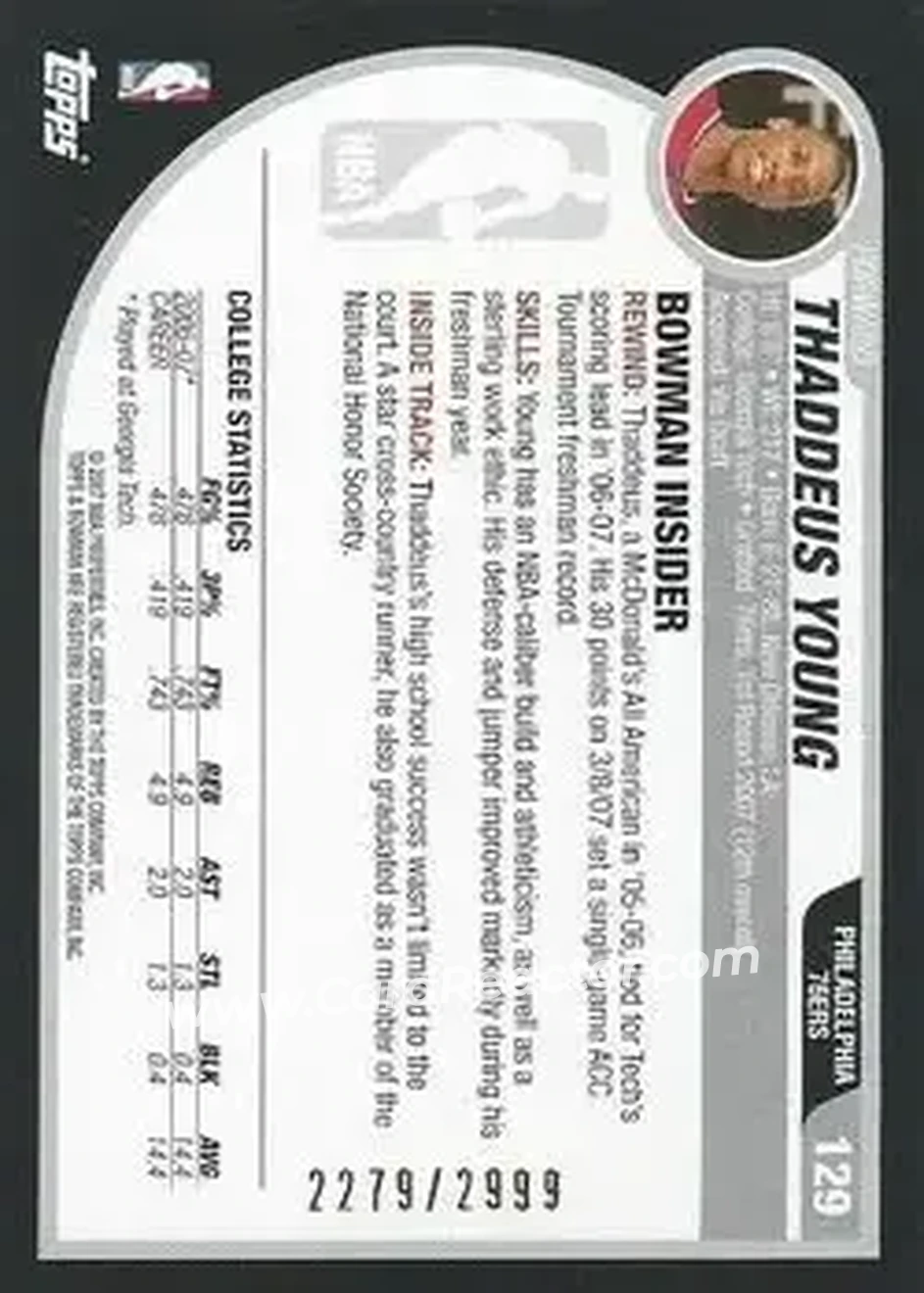 2007-08 Bowman #129 - Thaddeus Young - Philadelphia 76ers - Back 2007-08 Bowman #129 - Thaddeus Young - Philadelphia 76ers - Back