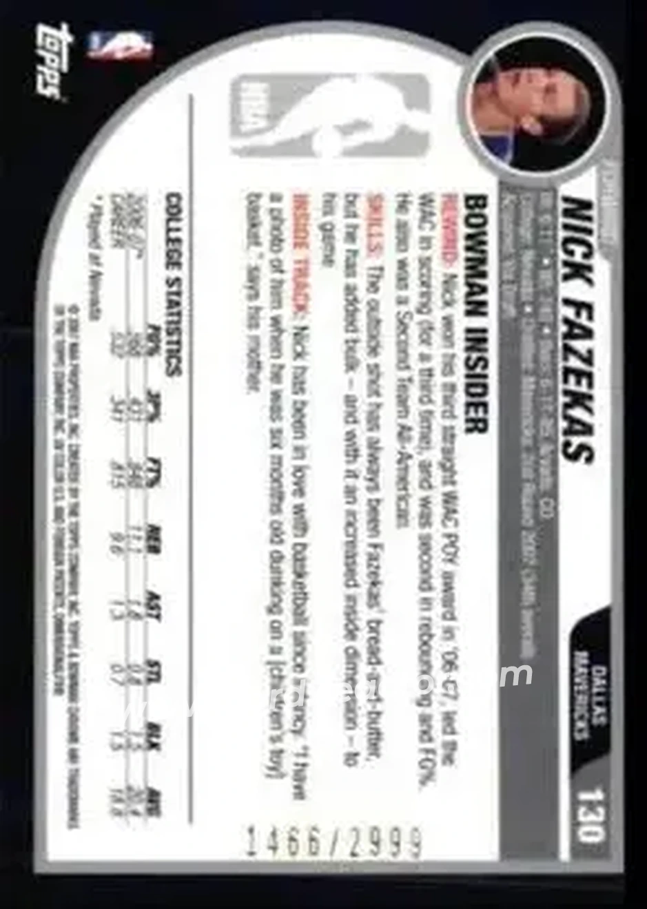2007-08 Bowman #130 - Nick Fazekas - Dallas Mavericks - Back