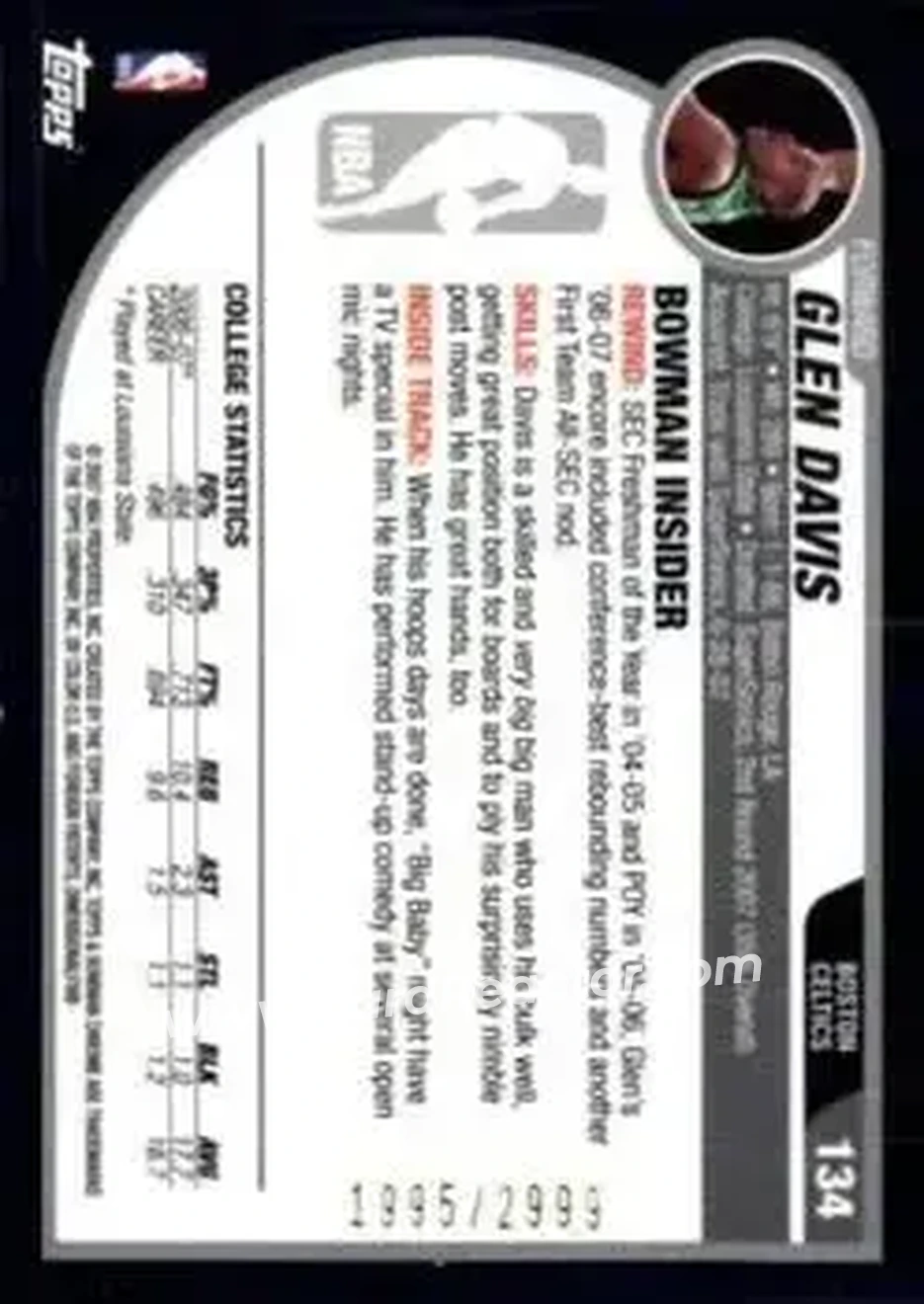 2007-08 Bowman #134 - Glen Davis - Boston Celtics - Back 2007-08 Bowman #134 - Glen Davis - Boston Celtics - Back