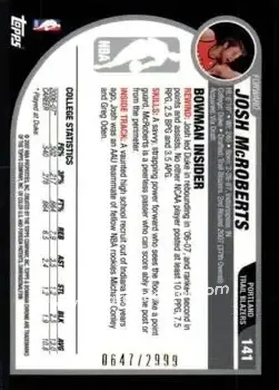 2007-08 Bowman #141 - Josh McRoberts - Portland Trail Blazers - Back