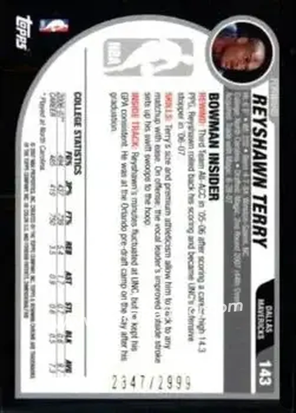 2007-08 Bowman #143 - Reyshawn Terry - Dallas Mavericks - Back
