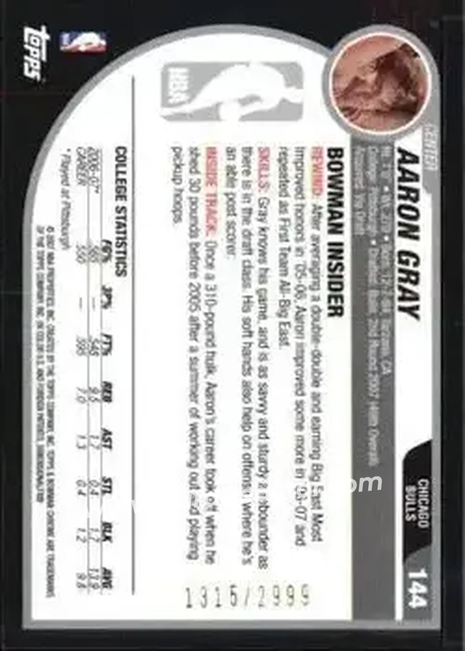 2007-08 Bowman #144 - Aaron Gray - Chicago Bulls - Back 2007-08 Bowman #144 - Aaron Gray - Chicago Bulls - Back