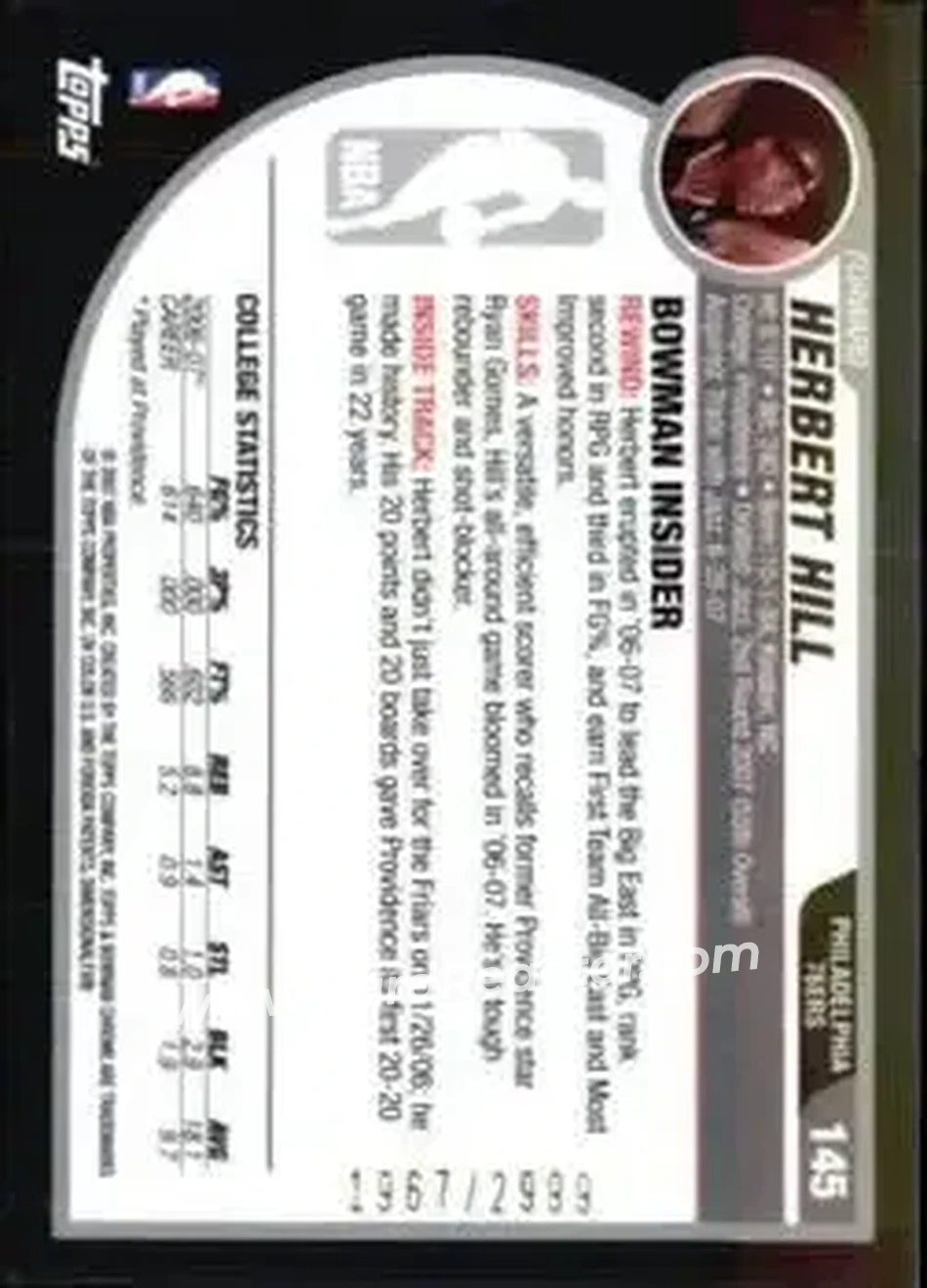 2007-08 Bowman #145 - Herbert Hill - Philadelphia 76ers - Back 2007-08 Bowman #145 - Herbert Hill - Philadelphia 76ers - Back