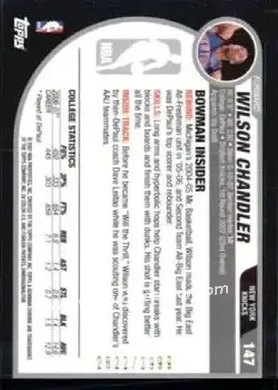 2007-08 Bowman #147 - Wilson Chandler - New York Knicks - Back
