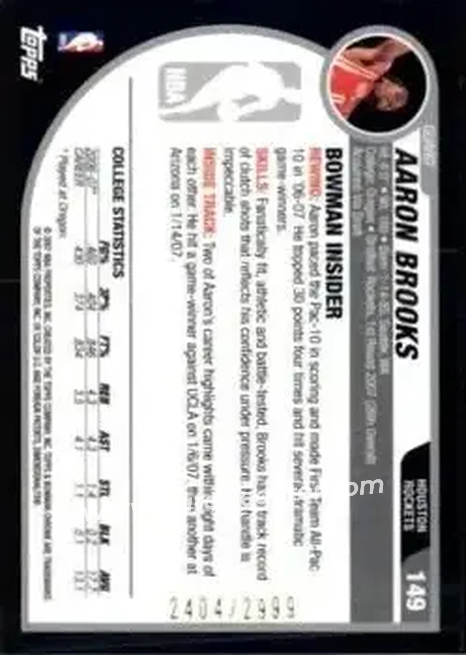 2007-08 Bowman #149 - Aaron Brooks - Houston Rockets - Back 2007-08 Bowman #149 - Aaron Brooks - Houston Rockets - Back