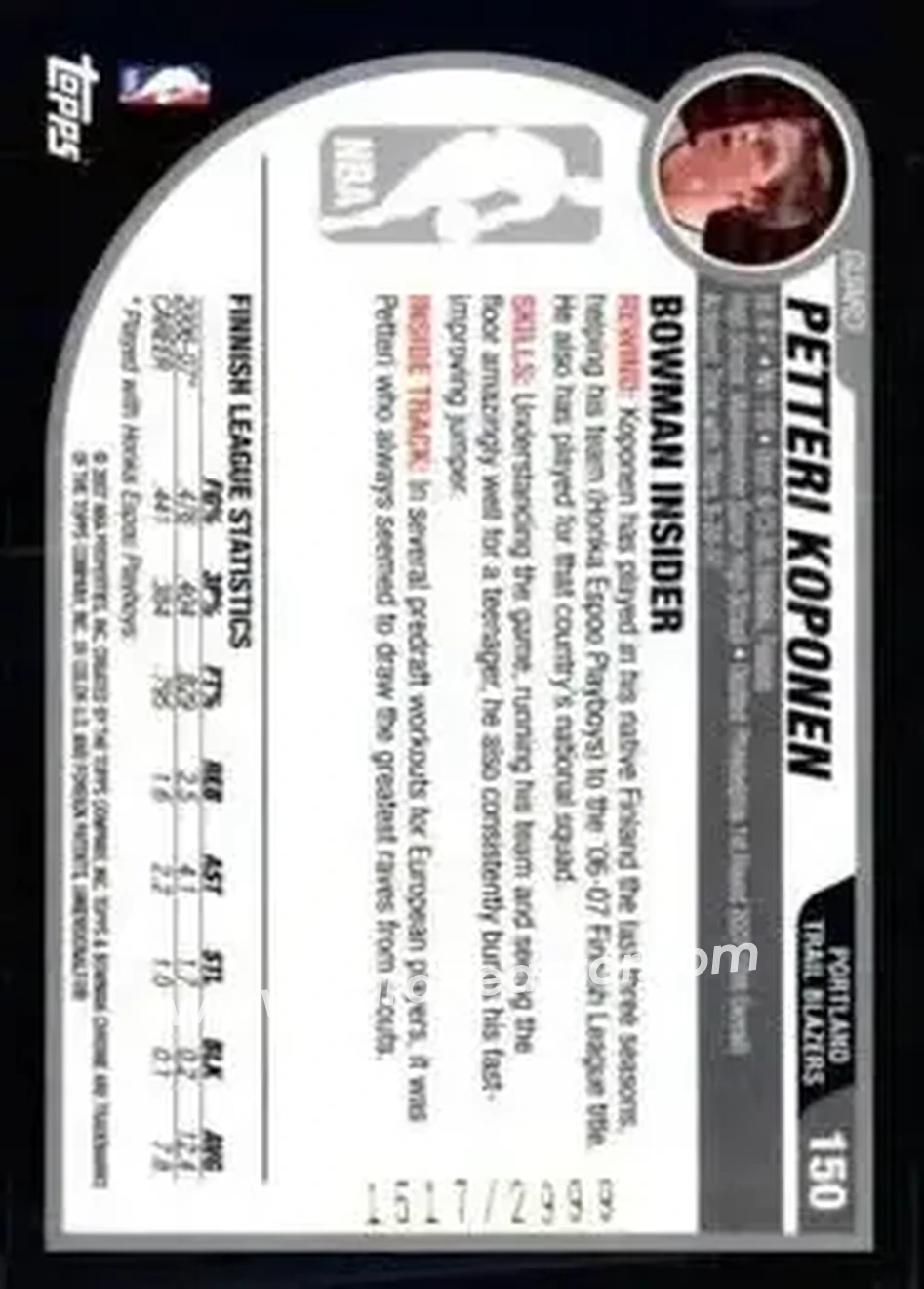 2007-08 Bowman #150 - Petteri Koponen - Portland Trail Blazers - Back