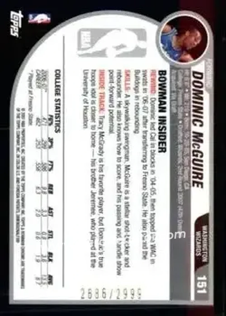 2007-08 Bowman #151 - Dominic McGuire - Washington Wizards - Back 2007-08 Bowman #151 - Dominic McGuire - Washington Wizards - Back