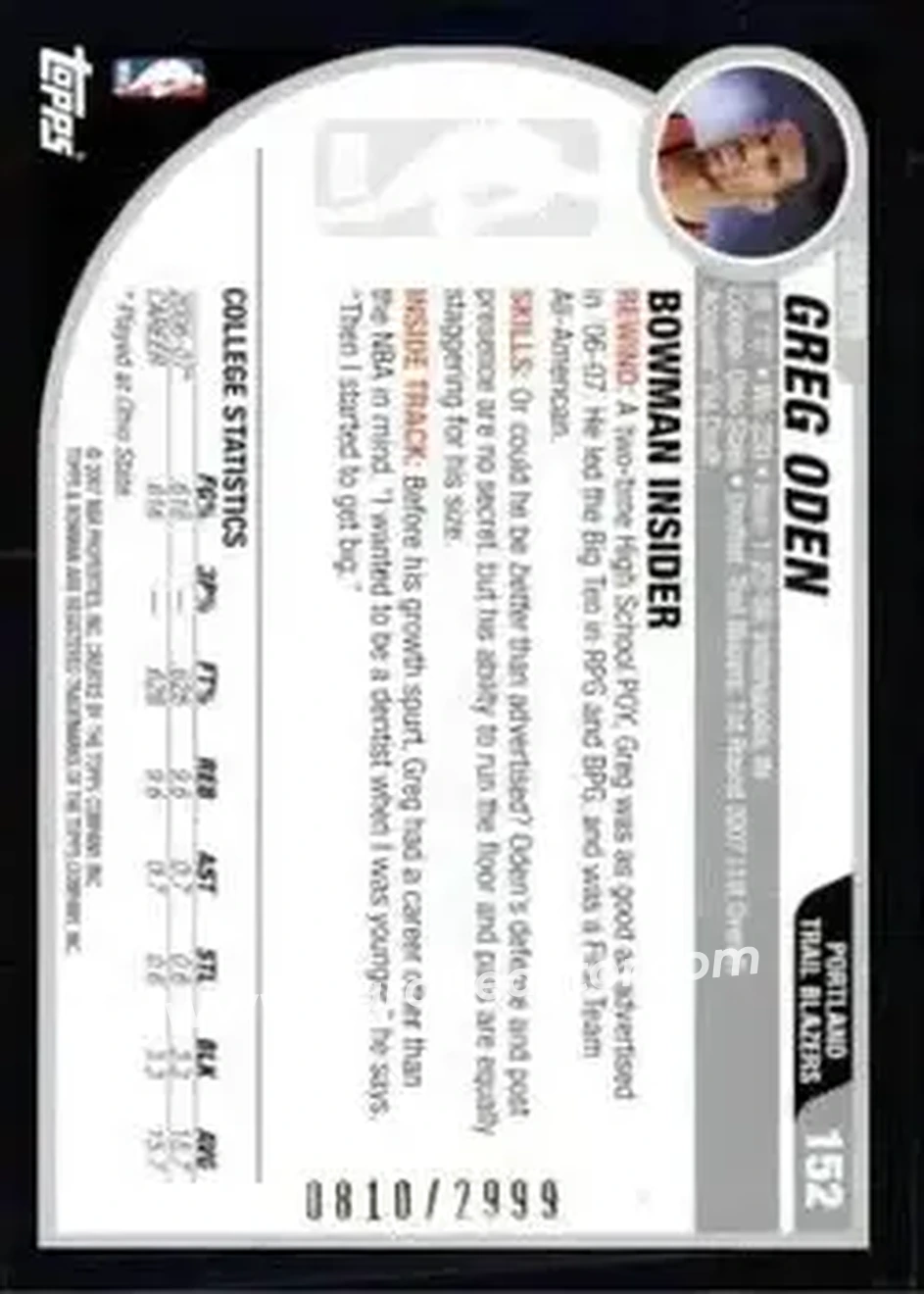 2007-08 Bowman #152 - Greg Oden - Portland Trail Blazers - Back