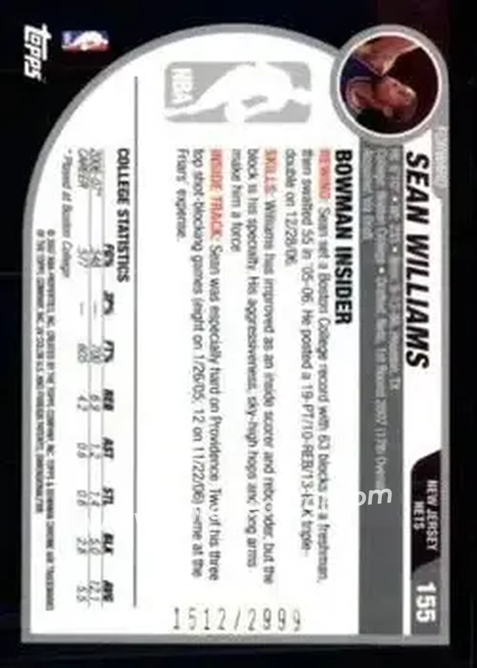 2007-08 Bowman #155 - Sean Williams - New Jersey Nets - Back 2007-08 Bowman #155 - Sean Williams - New Jersey Nets - Back