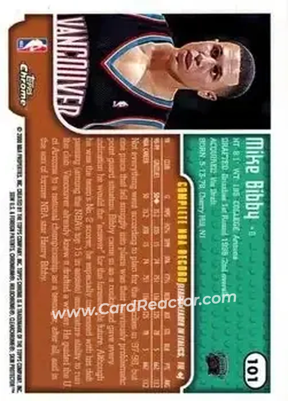 1999-00 Topps Chrome #101 - Mike Bibby - Vancouver Grizzlies - Back 1999-00 Topps Chrome #101 - Mike Bibby - Vancouver Grizzlies - Back