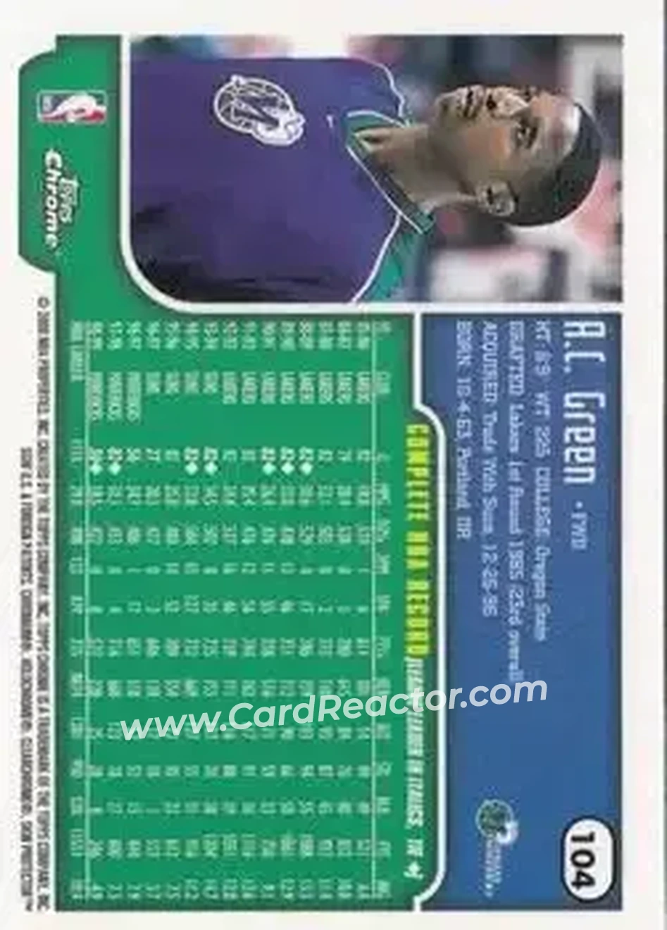 1999-00 Topps Chrome #104 - A.C. Green - Dallas Mavericks - Back