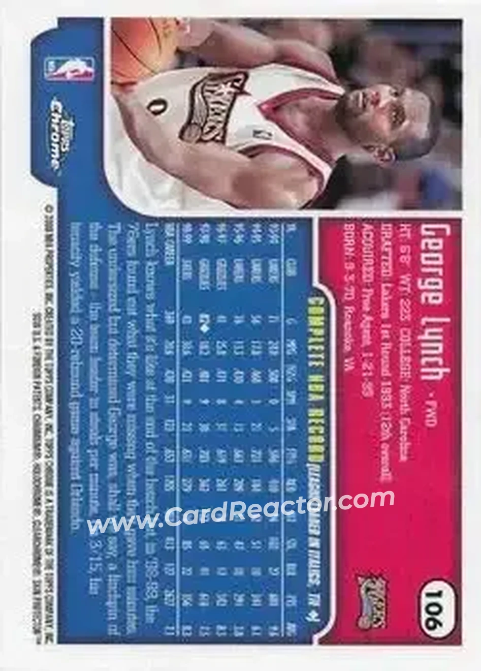 1999-00 Topps Chrome #106 - George Lynch - Philadelphia 76ers - Back