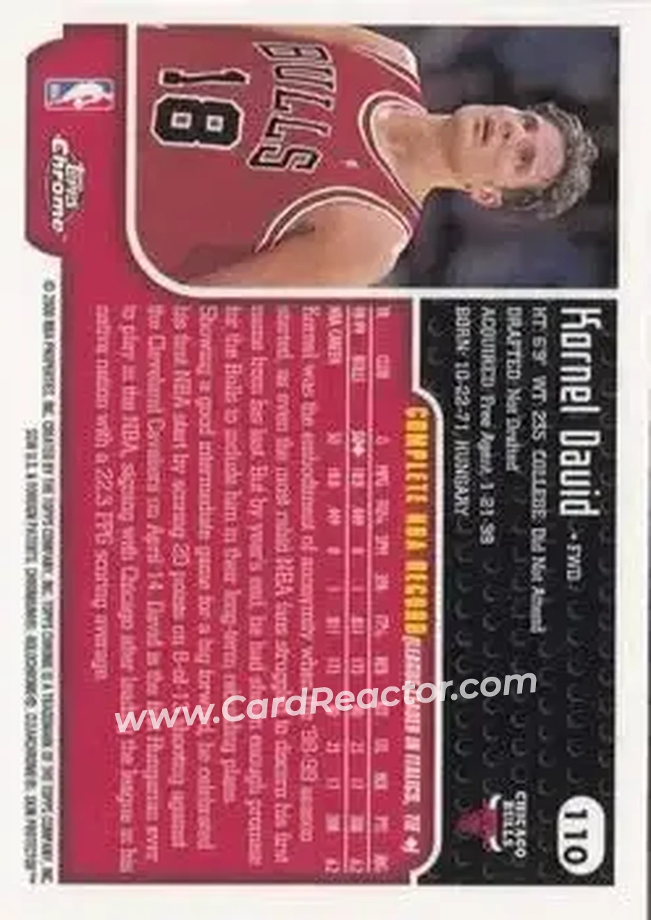 1999-00 Topps Chrome #110 - Kornél Dávid - Chicago Bulls - Back