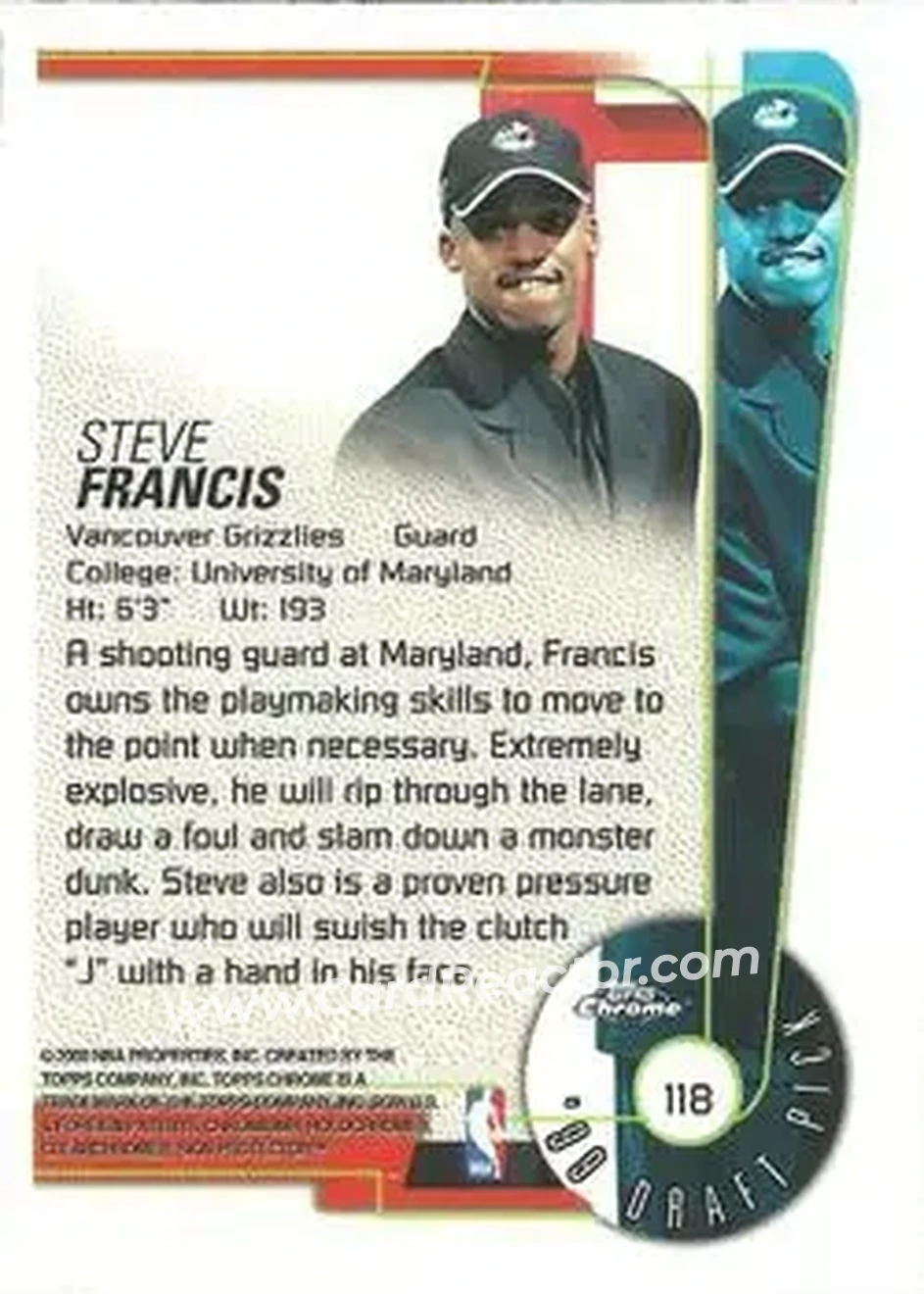 1999-00 Topps Chrome #118 - Steve Francis - Vancouver Grizzlies - Back