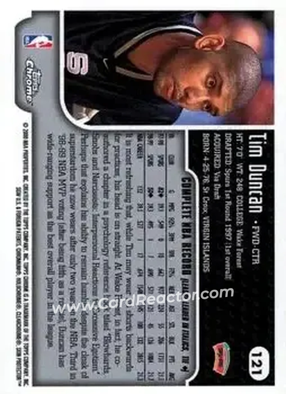1999-00 Topps Chrome #121 - Tim Duncan - San Antonio Spurs - Back 1999-00 Topps Chrome #121 - Tim Duncan - San Antonio Spurs - Back