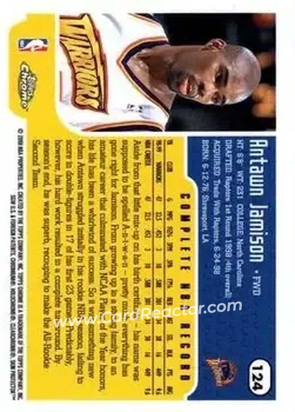 1999-00 Topps Chrome #124 - Antawn Jamison - Golden State Warriors - Back