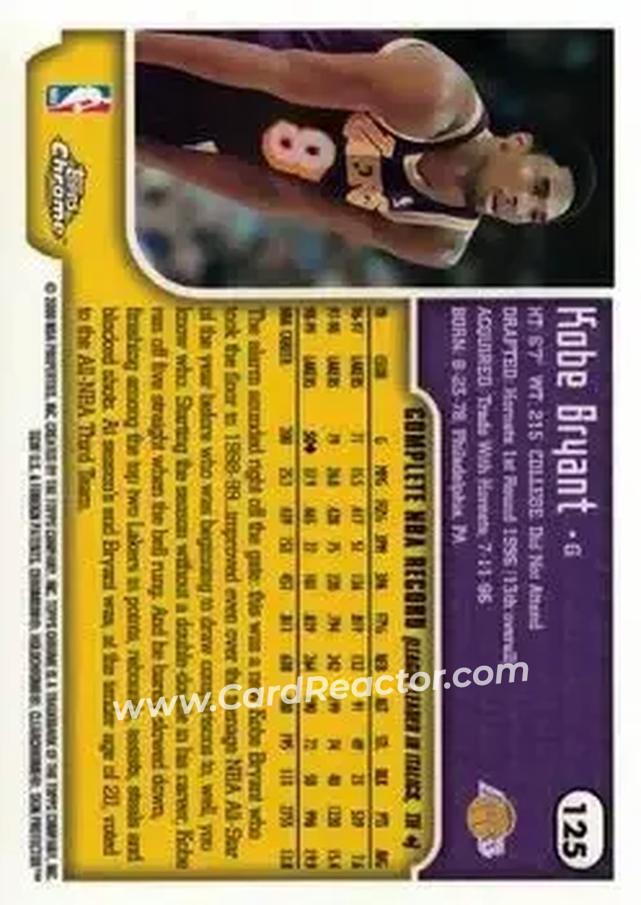 1999-00 Topps Chrome #125 - Kobe Bryant - Los Angeles Lakers - Back