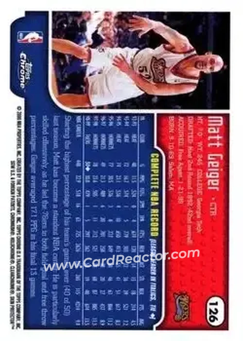 1999-00 Topps Chrome #126 - Matt Geiger - Philadelphia 76ers - Back
