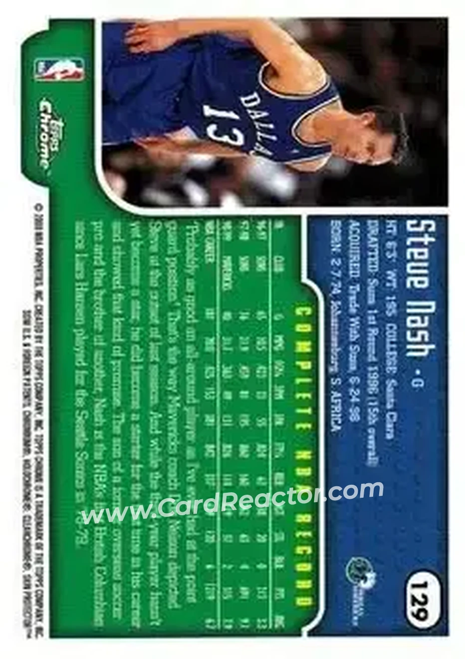 1999-00 Topps Chrome #129 - Steve Nash - Dallas Mavericks - Back 1999-00 Topps Chrome #129 - Steve Nash - Dallas Mavericks - Back