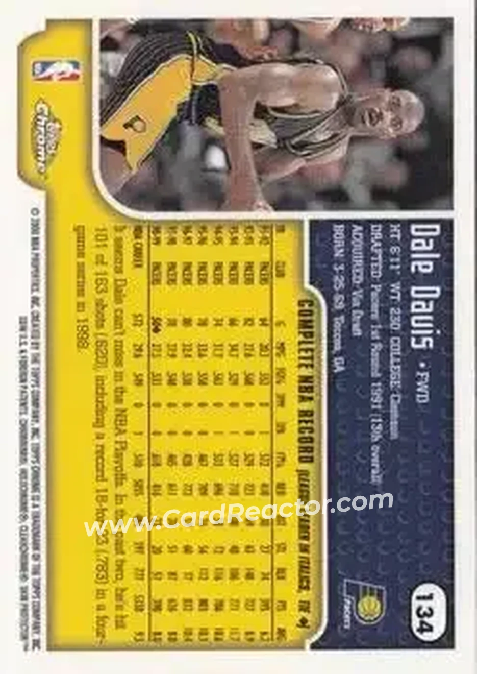 1999-00 Topps Chrome #134 - Dale Davis - Indiana Pacers - Back