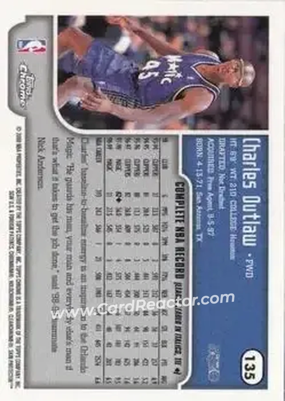 1999-00 Topps Chrome #135 - Bo Outlaw - Orlando Magic - Back