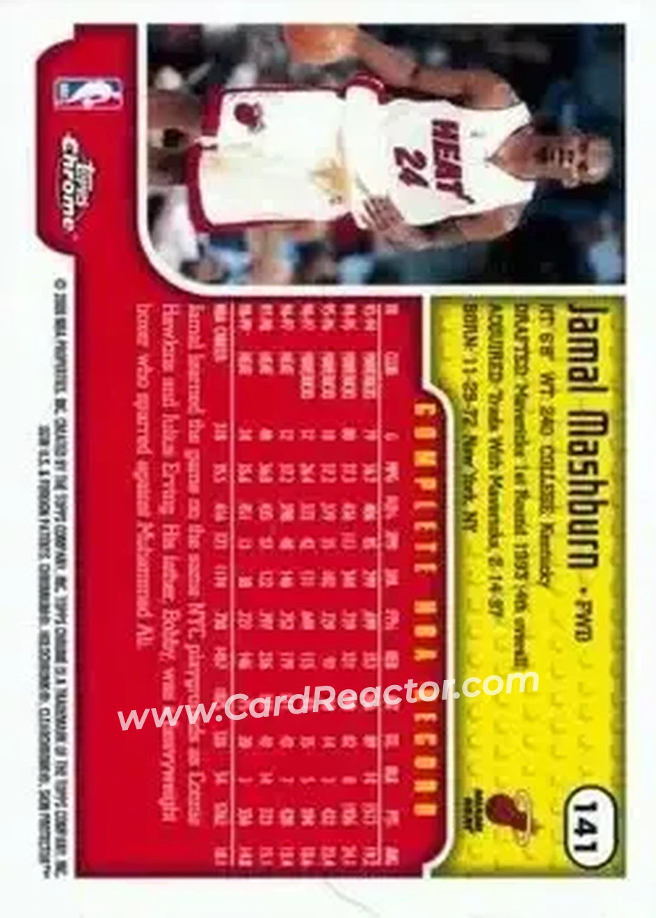 1999-00 Topps Chrome #141 - Jamal Mashburn - Miami Heat - Back
