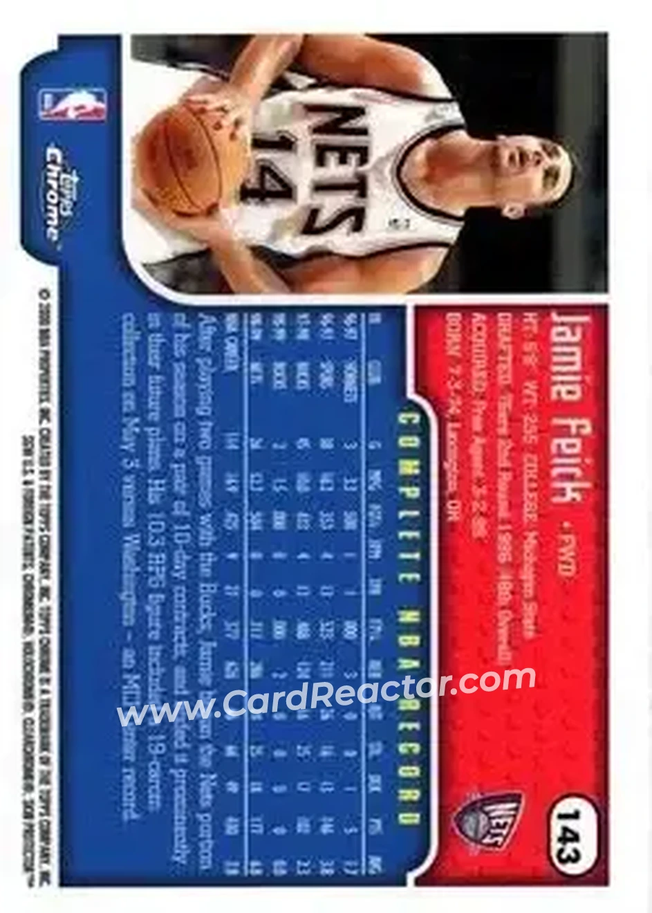 1999-00 Topps Chrome #143 - Jamie Feick - New Jersey Nets - Back