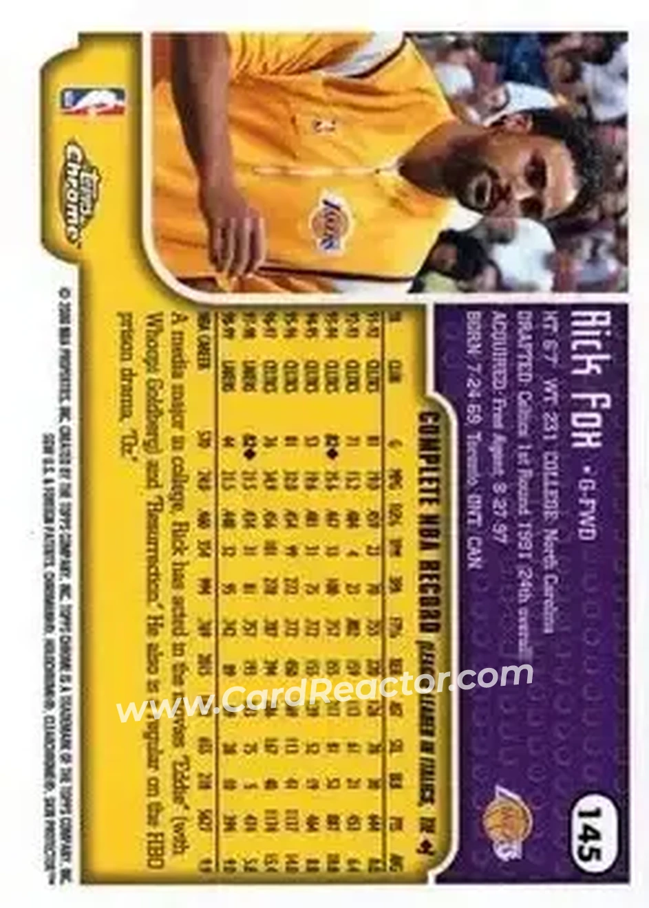 1999-00 Topps Chrome #145 - Rick Fox - Los Angeles Lakers - Back