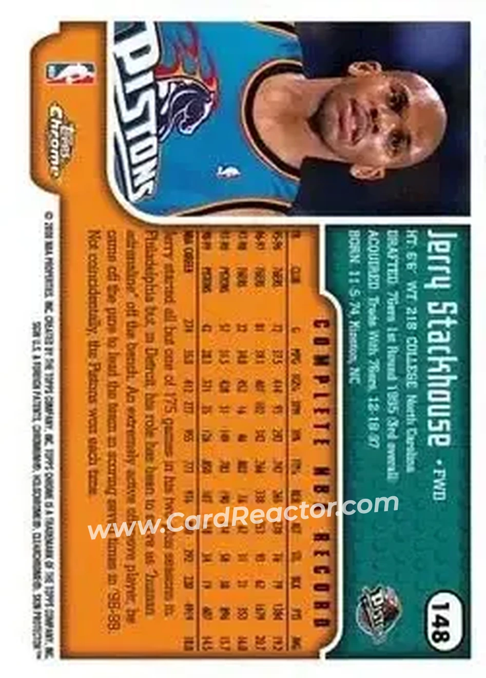 1999-00 Topps Chrome #148 - Jerry Stackhouse - Detroit Pistons - Back 1999-00 Topps Chrome #148 - Jerry Stackhouse - Detroit Pistons - Back