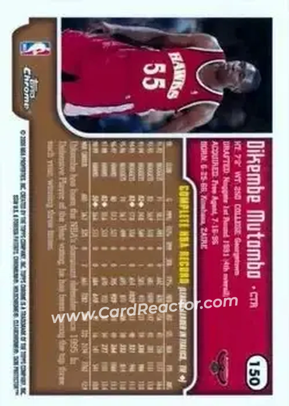 1999-00 Topps Chrome #150 - Dikembe Mutombo - Atlanta Hawks - Back 1999-00 Topps Chrome #150 - Dikembe Mutombo - Atlanta Hawks - Back