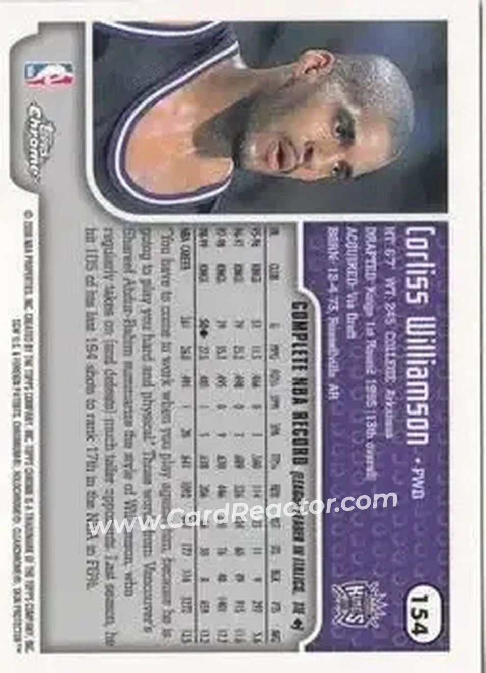 1999-00 Topps Chrome #154 - Corliss Williamson - Sacramento Kings - Back