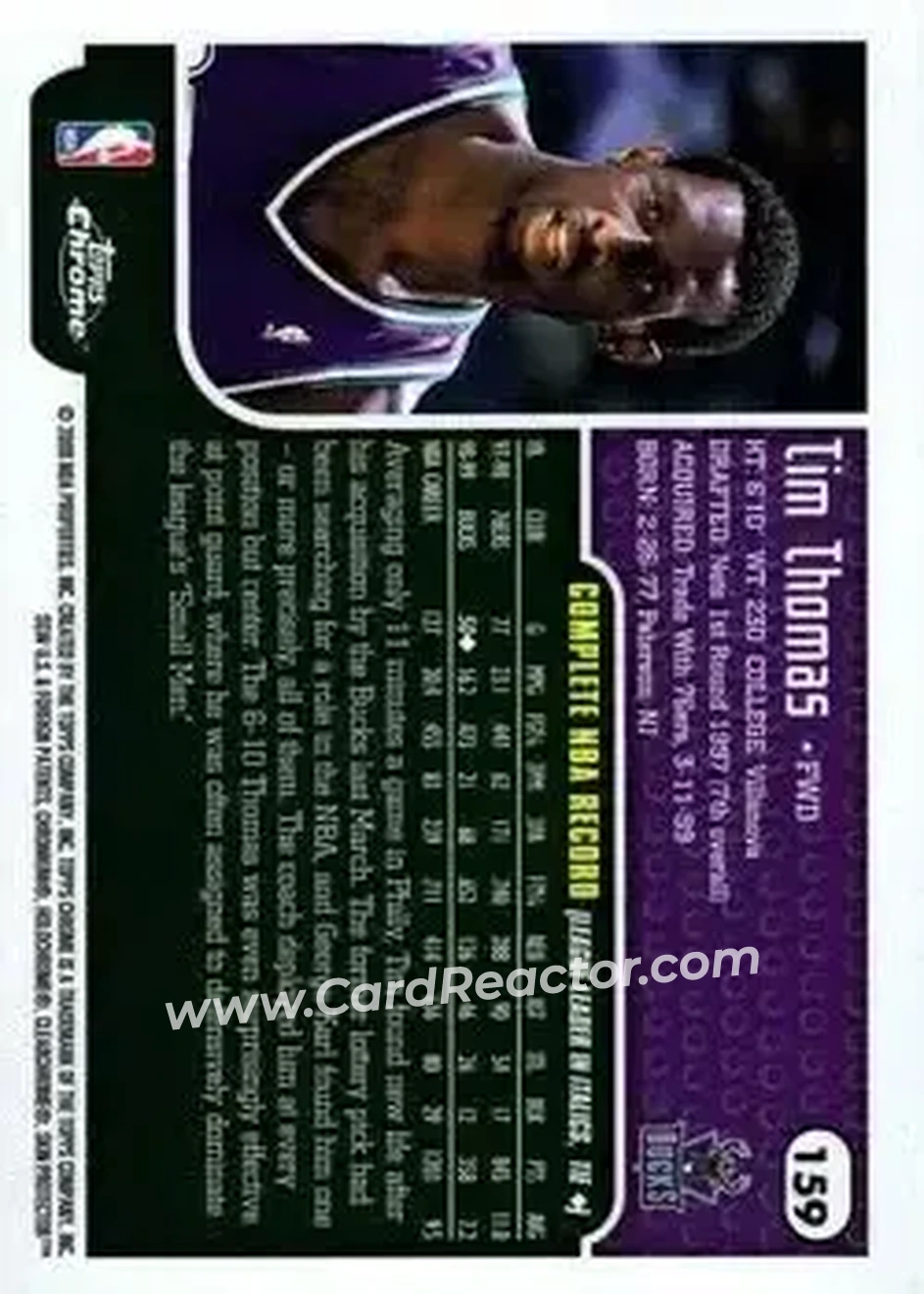 1999-00 Topps Chrome #159 - Tim Thomas - Milwaukee Bucks - Back