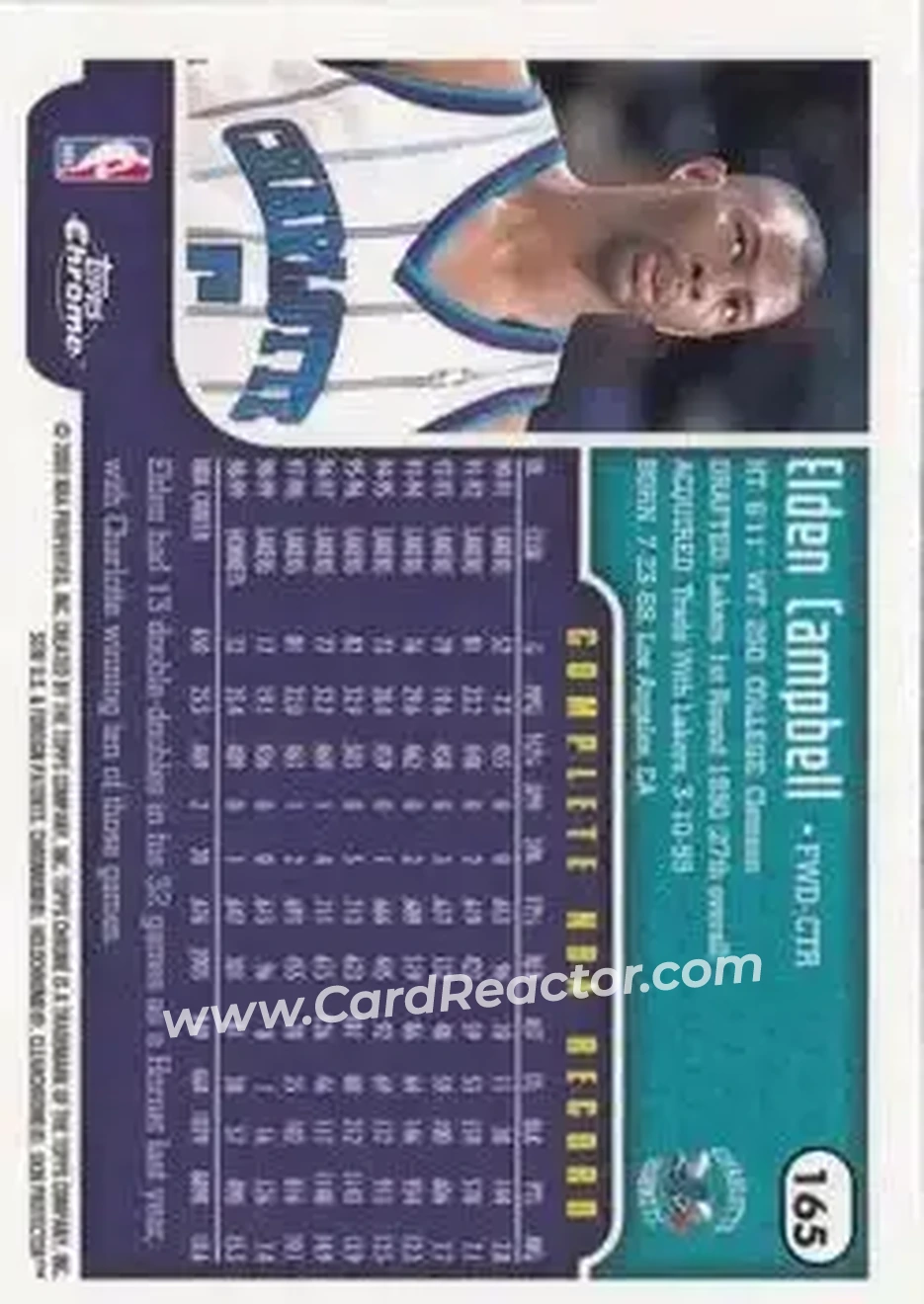 1999-00 Topps Chrome #165 - Elden Campbell - Charlotte Hornets - Back 1999-00 Topps Chrome #165 - Elden Campbell - Charlotte Hornets - Back