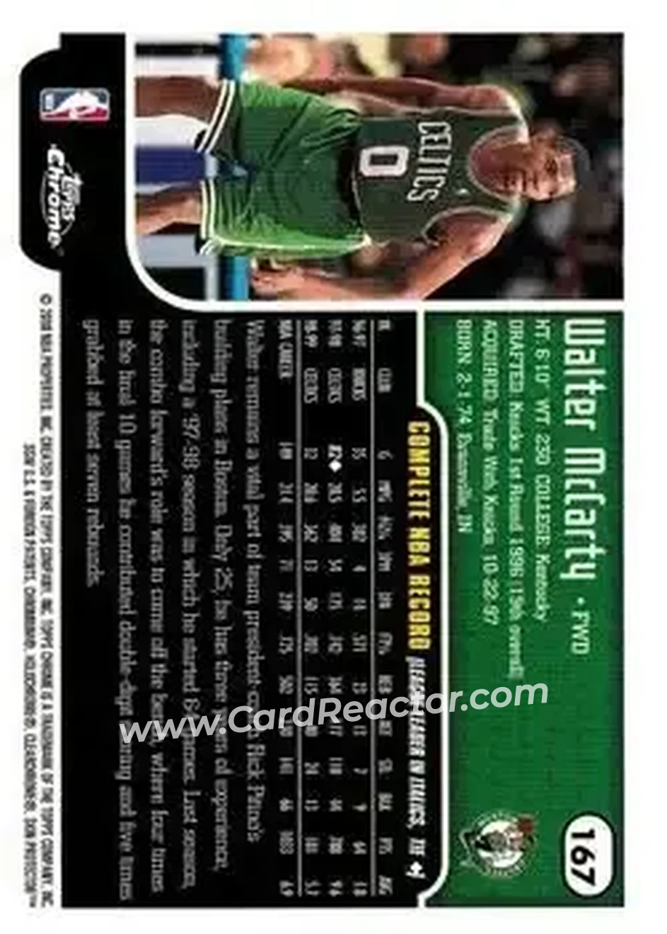 1999-00 Topps Chrome #167 - Walter McCarty - Boston Celtics - Back