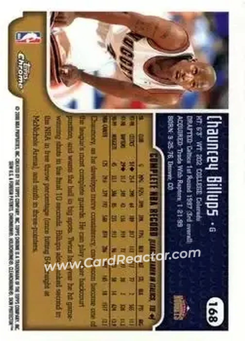 1999-00 Topps Chrome #168 - Chauncey Billups - Denver Nuggets - Back