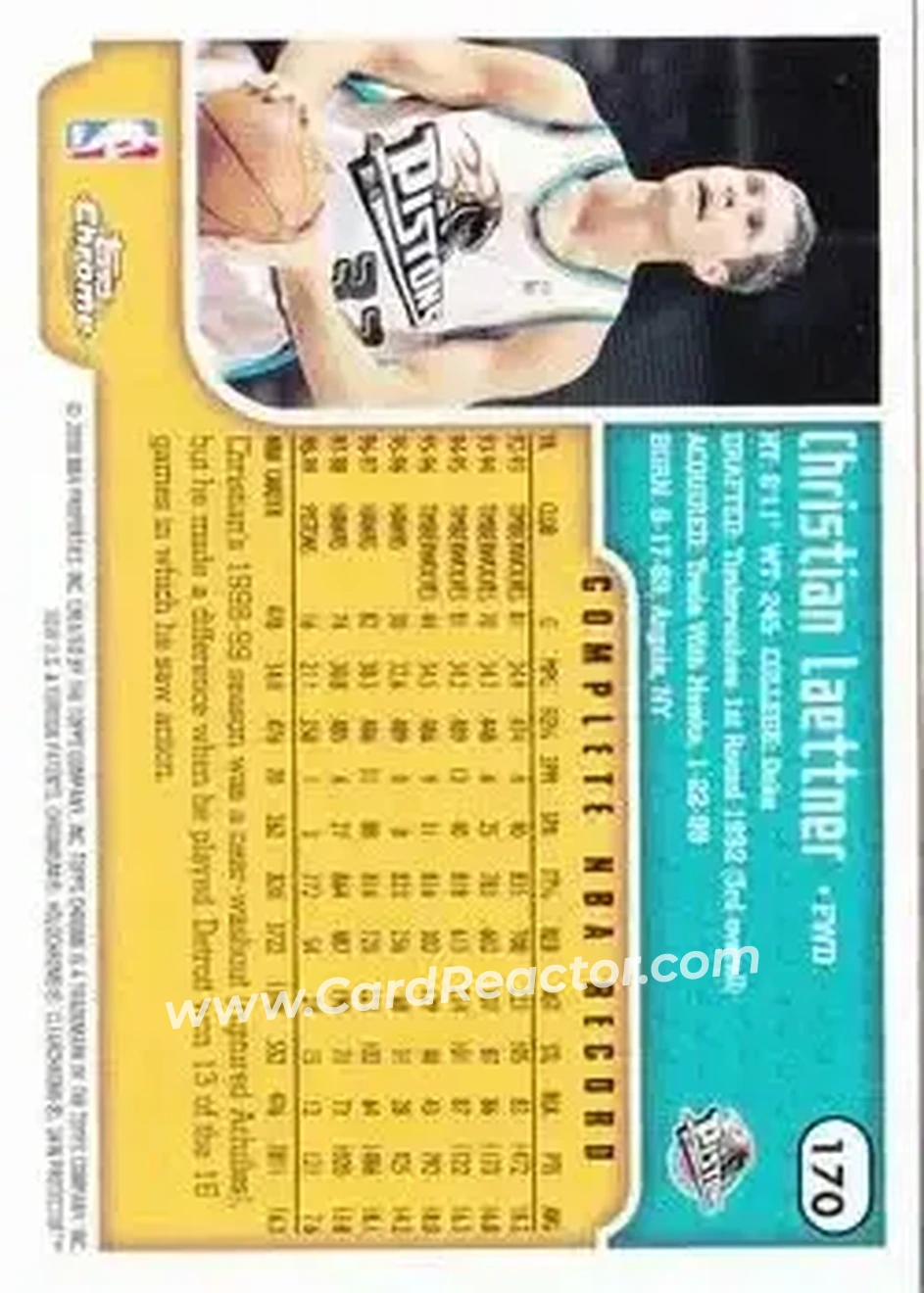 1999-00 Topps Chrome #170 - Christian Laettner - Detroit Pistons - Back