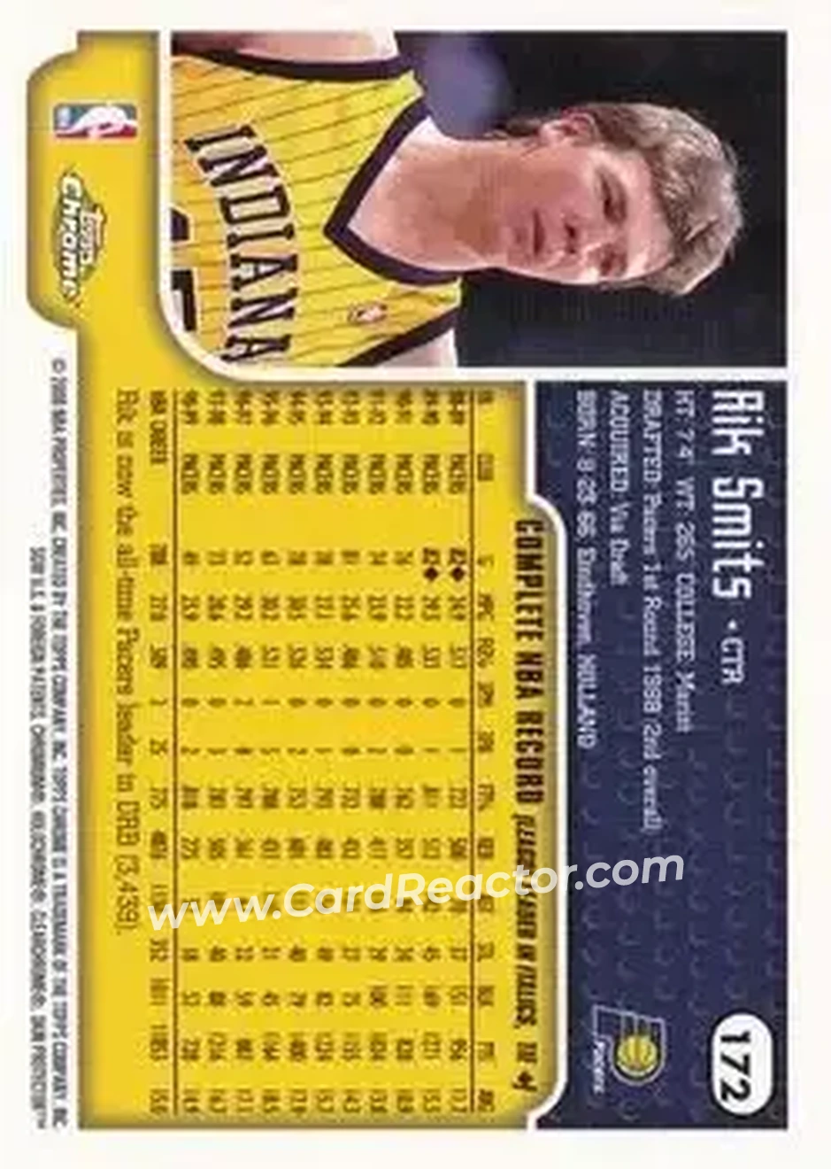 1999-00 Topps Chrome #172 - Rik Smits - Indiana Pacers - Back