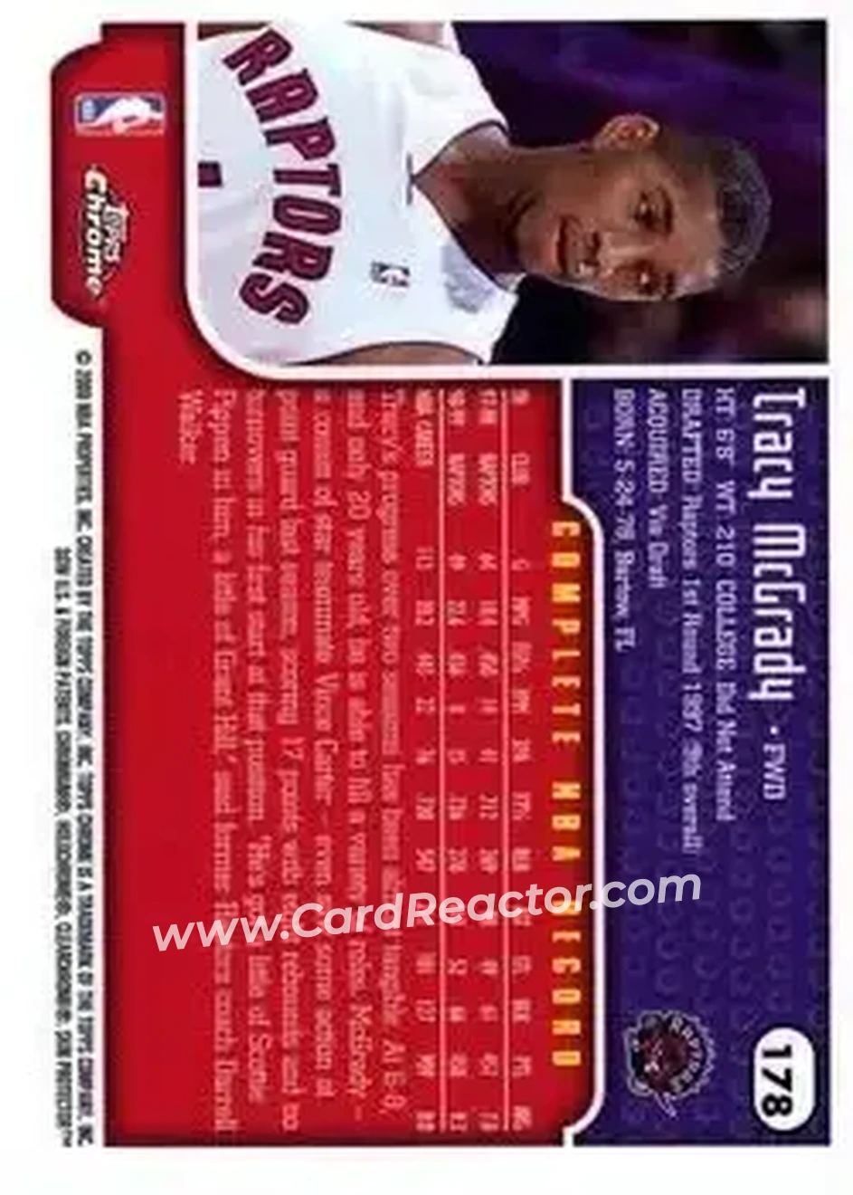 1999-00 Topps Chrome #178 - Tracy McGrady - Toronto Raptors - Back 1999-00 Topps Chrome #178 - Tracy McGrady - Toronto Raptors - Back