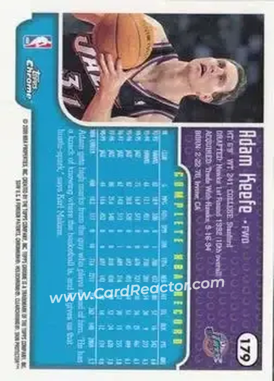 1999-00 Topps Chrome #179 - Adam Keefe - Utah Jazz - Back 1999-00 Topps Chrome #179 - Adam Keefe - Utah Jazz - Back