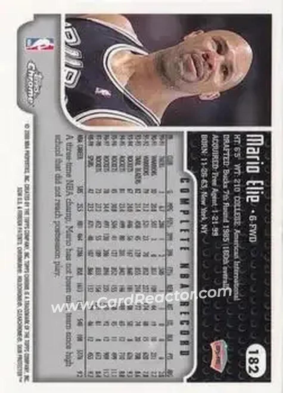 1999-00 Topps Chrome #182 - Mario Elie - San Antonio Spurs - Back