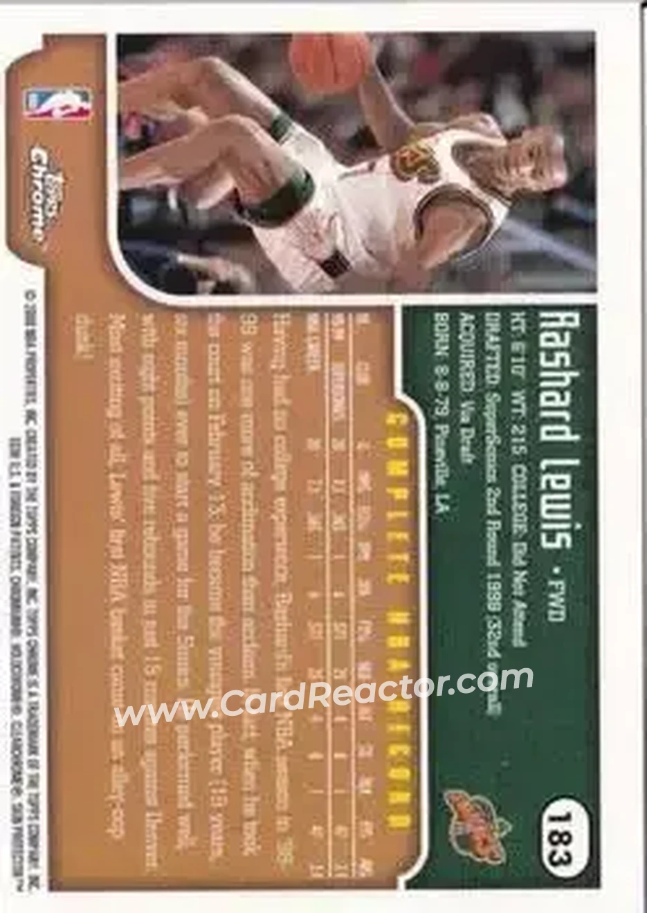 1999-00 Topps Chrome #183 - Rashard Lewis - Seattle SuperSonics - Back