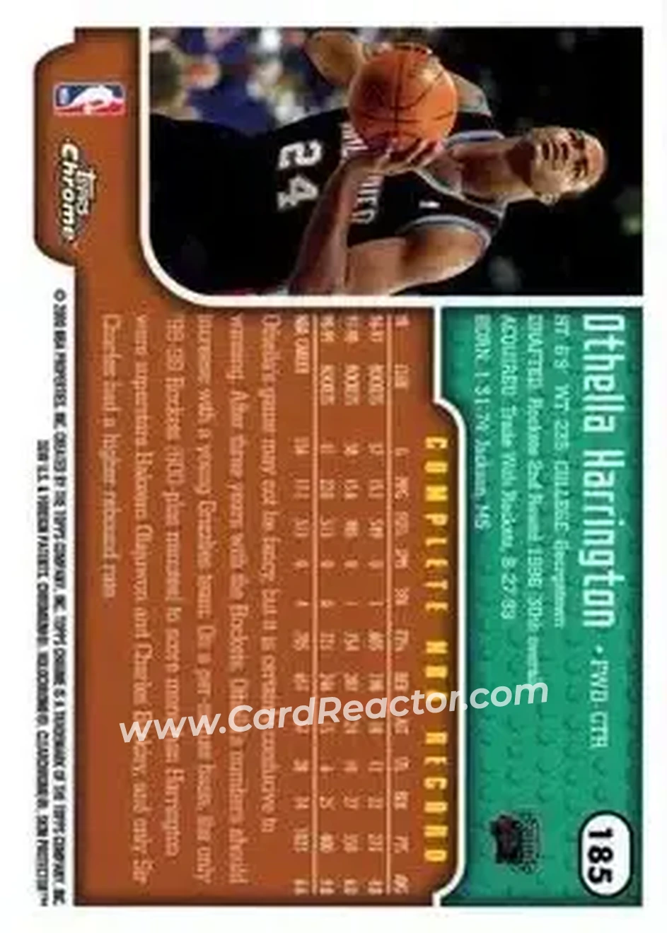1999-00 Topps Chrome #185 - Othella Harrington - Vancouver Grizzlies - Back