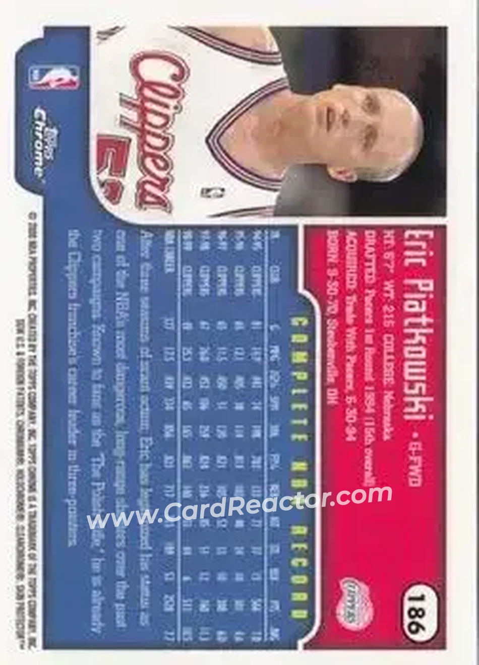 1999-00 Topps Chrome #186 - Eric Piatkowski - Los Angeles Clippers - Back